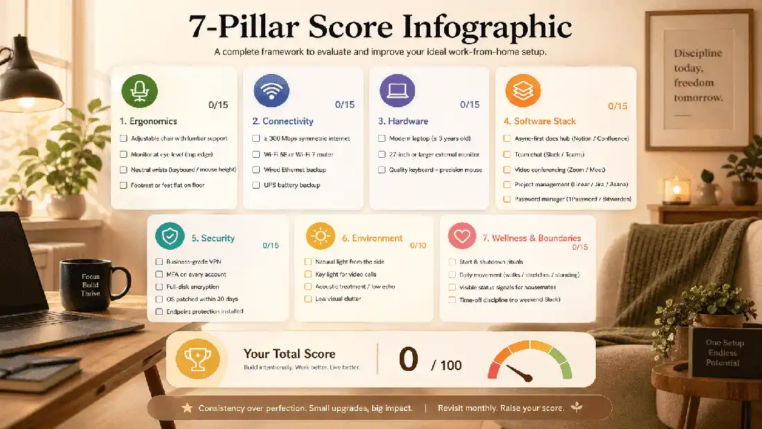 7-Pillar Remote Work Setup Score infographic