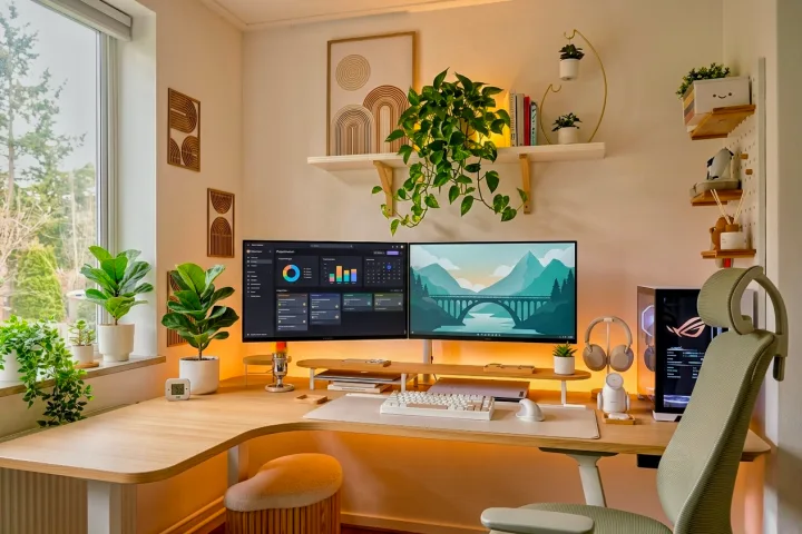 Modern remote work setup with dual monitors, ergonomic chair, and natural lighting