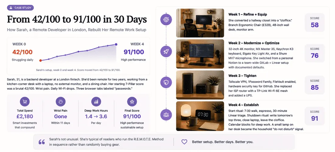 Before and after photos of Sarah's remote work setup